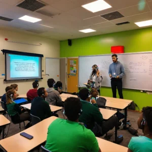 A photo of a group of people in a classroom. They