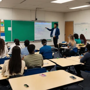 A photo of a group of people in a classroom. They (2)