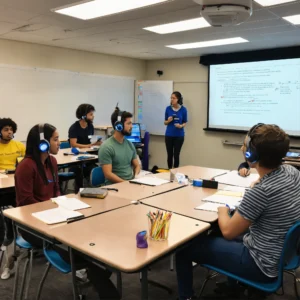 A photo of a group of people in a classroom. They (3)